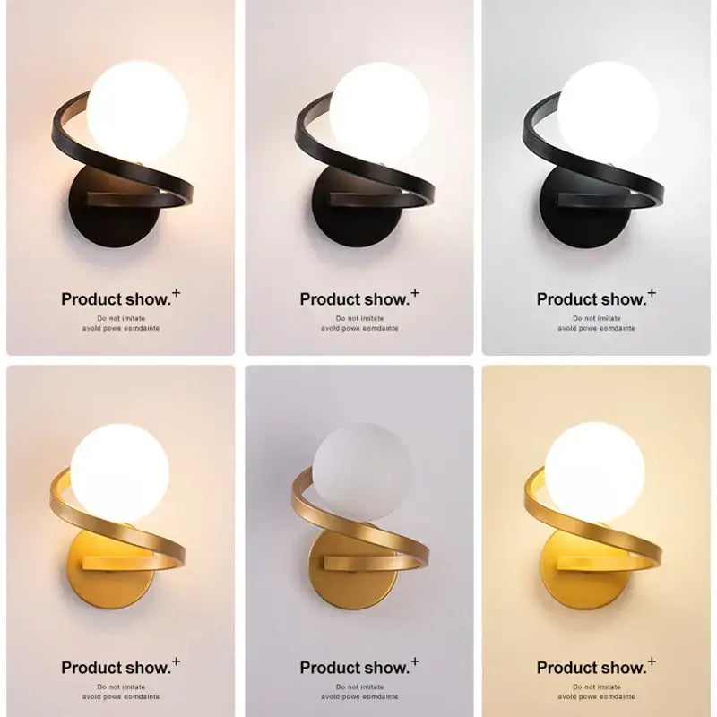 Modern black and gold led wall lights featuring a sleek curved metallic arm and frosted glass globe by decorbites black copper