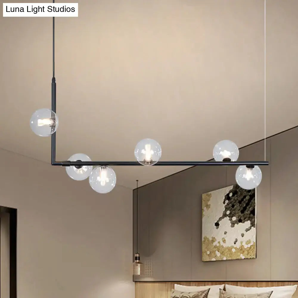 Modern black gold linear chandelier with five clear glass globe bulbs for dining room or kitchen island lighting
