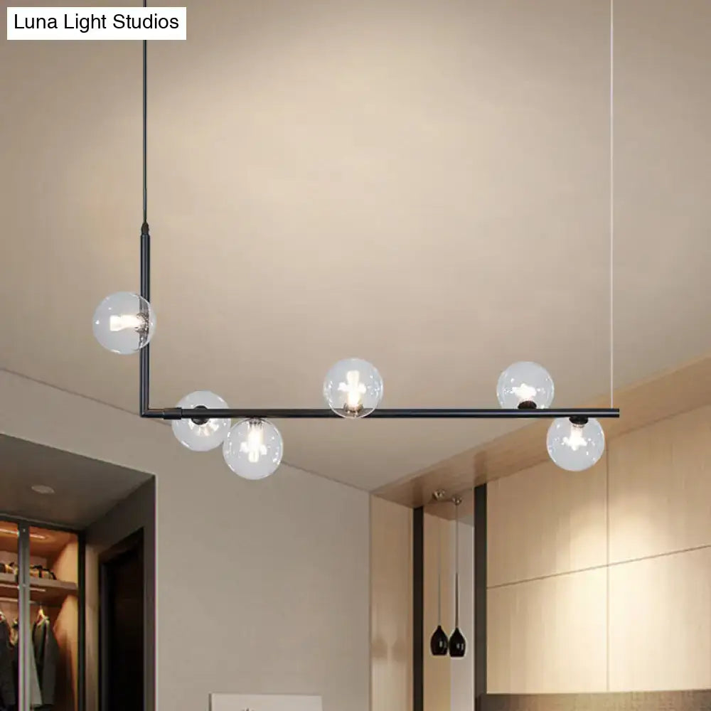 Modern black gold linear chandelier with five clear glass globe bulbs for dining room or kitchen island lighting