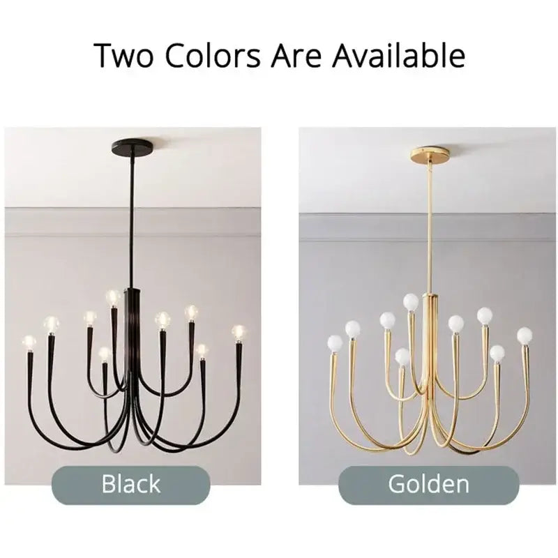 Modern black gold metal chandelier with sleek curved arms and frosted glass globes featuring decorbites gold metal finish
