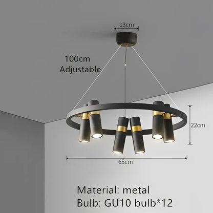 Modern black metal circle pendant light with gold accents and twelve gu10 bulbs for kitchen decorbites black metal decor