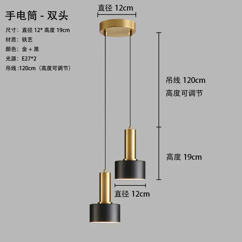 Modern double-headed pendant light with sleek black and gold metal finish wrought iron design for kitchen use