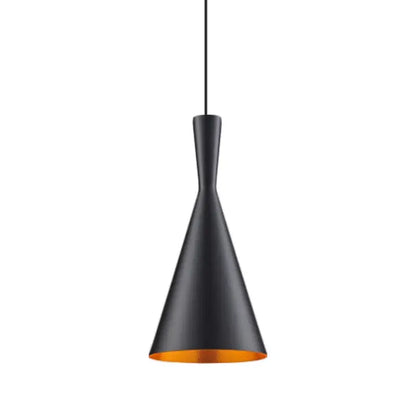 Modern black and gold musical pendant light with conical shape and gold interior lining for dining room lighting