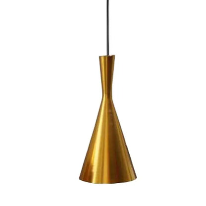 A sleek gold musical pendant light with a tapered conical shape for modern dining room decor