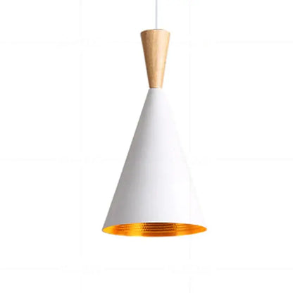 White conical pendant light with wooden top and gold-lined interior modern gold musical pendant for dining room
