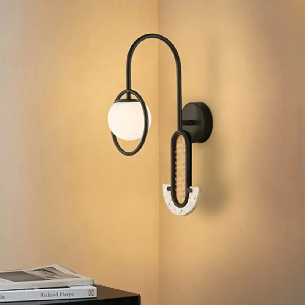 Modern black metal wall sconce with opal glass ball and woven marble base suitable for 110v-120v 220v-240v lighting