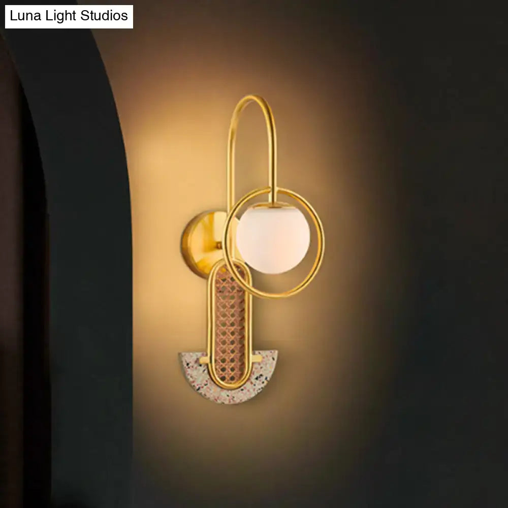 Modern black and gold wall sconce with opal glass ball, woven rattan panel, terrazzo base for 110v-120v 220v-240v use