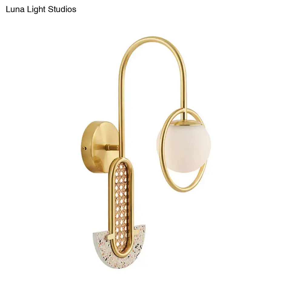 Modern black and gold wall sconce with opal glass ball frosted globe and terrazzo accent for bedroom lighting 110v-120v
