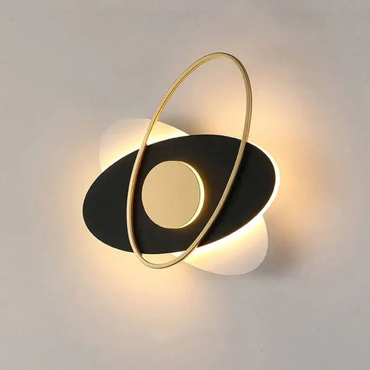 Modern black and gold orbital wall sconce light with sleek minimalist design for living room interior lighting