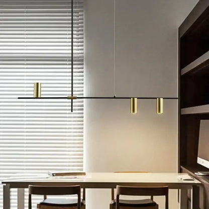 Modern black chandelier pendant light with sleek horizontal bar and three gold cylindrical fixtures for kitchen island decorbites pendant lights