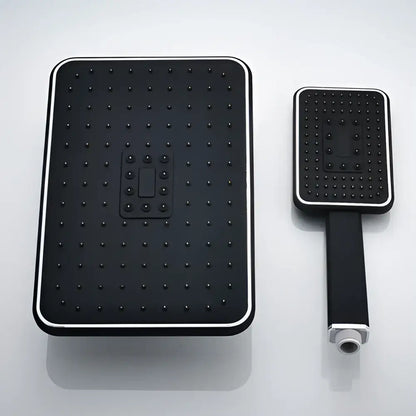 Modern black rainfall shower head with silver trim and matching handheld shower unit for bathroom use