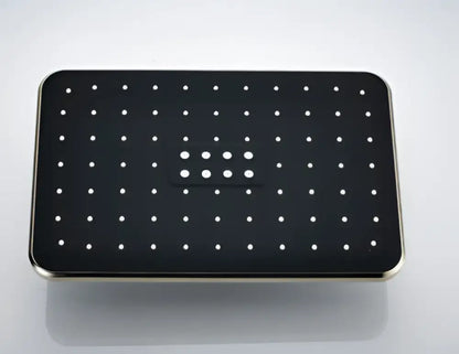 Modern black rainfall shower head with rectangular design, polished metallic edge, and numerous small white spray holes