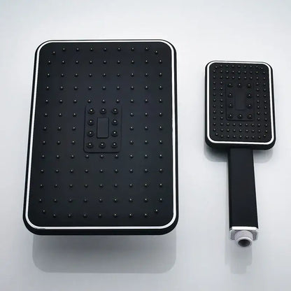 Modern black and gold rainfall shower head set with black rectangular shower head and chrome handheld shower set