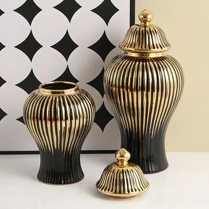 Elegant black and gold ceramic ribbed ginger jar vase set with matching lids for modern living room decor