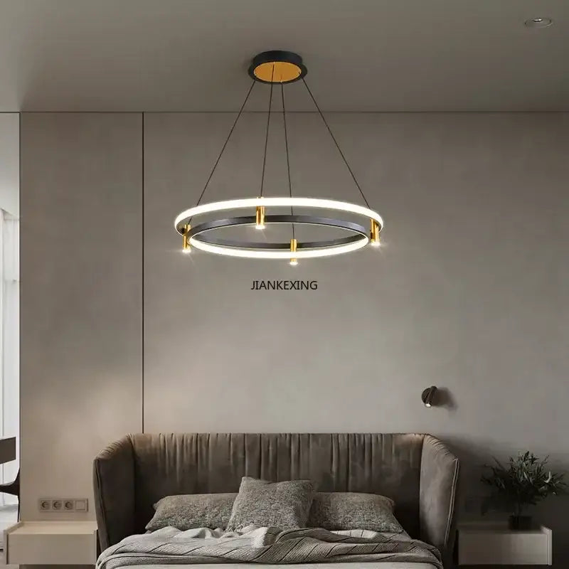 Modern black and gold ring led pendant with two illuminated concentric rings for dining room chandelier decorbites black ring