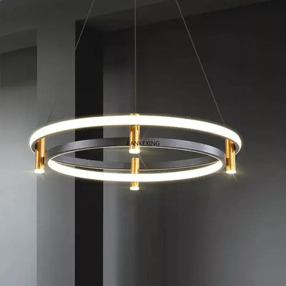 Modern black and gold double-ring led chandelier with illuminated circular bands for dining room decorbites black ring pendant