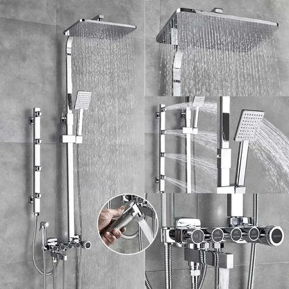 Modern black and gold shower faucet set with chrome finish large square rainhead handheld spray nozzle and multiple knobs