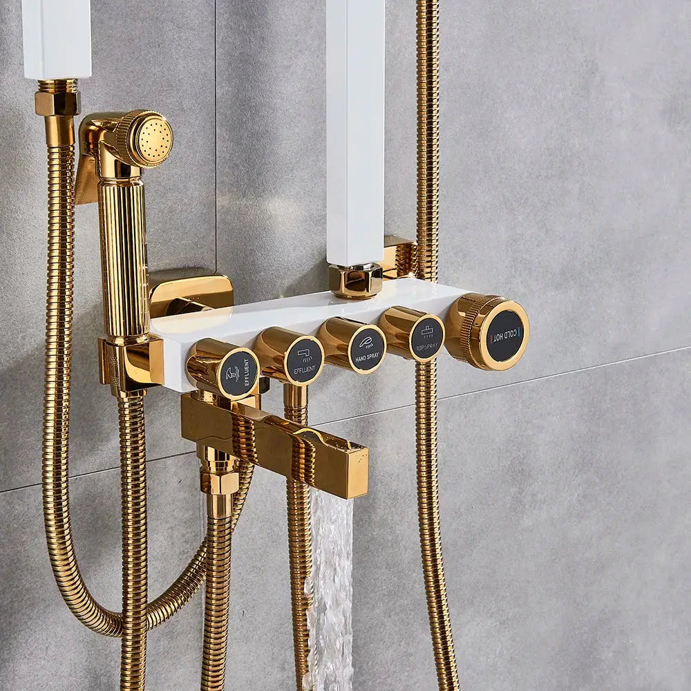 Modern black and gold shower faucet set with gold finish white ceramic control panel and multiple spray nozzles