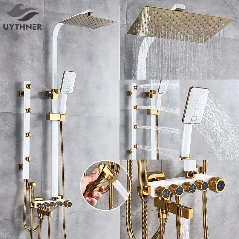 Modern black and gold shower faucet set with square rainhead and handheld spray mounted on white bars