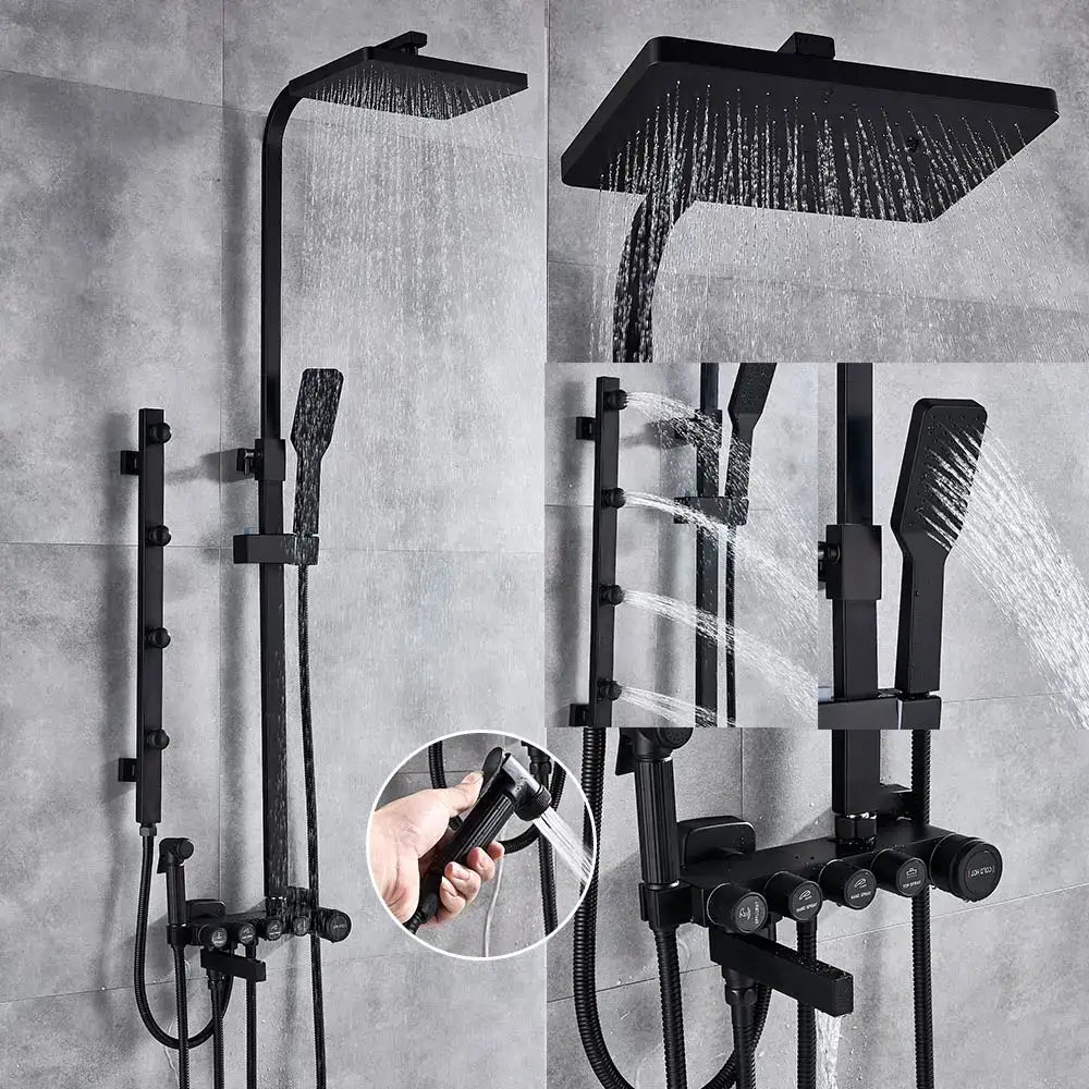 Modern black and gold shower faucet set featuring a black matte-finish rain shower system with handheld sprayer and controls