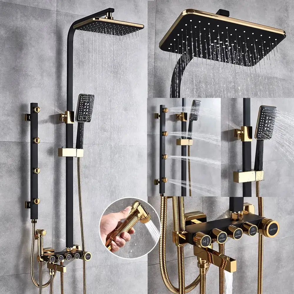 Modern black and gold shower faucet set with large rainhead handheld spray and wall-mounted control panel