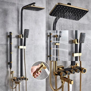 Modern black and gold shower faucet set with large rectangular rainhead handheld spray nozzle and wall-mounted control panel