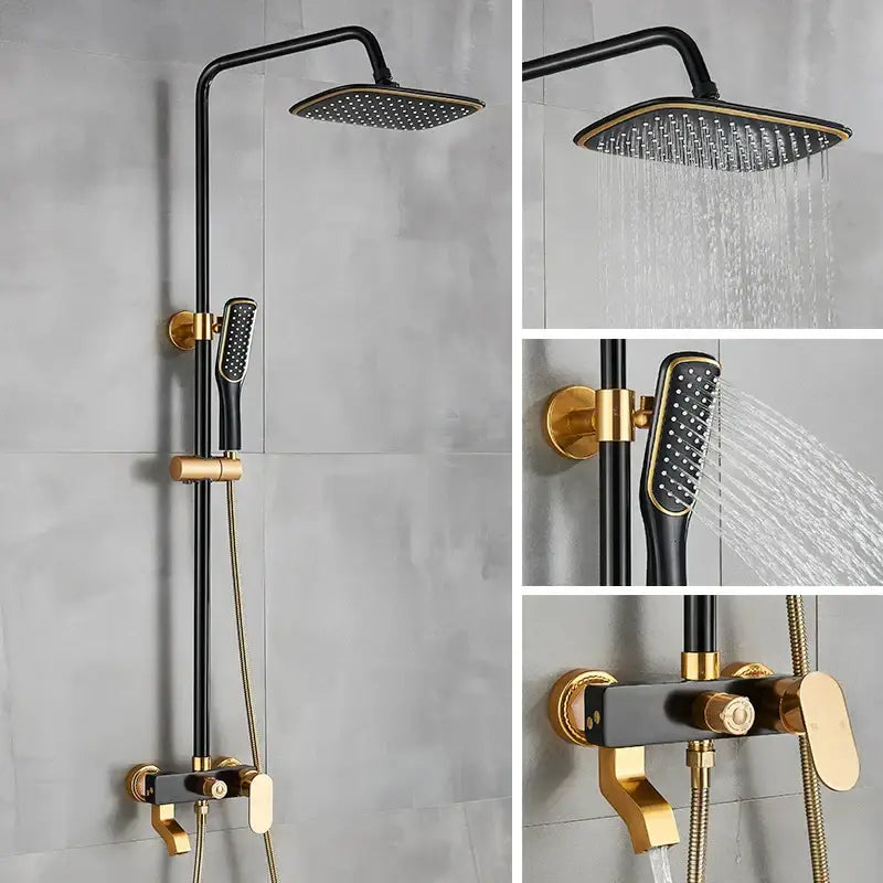 Modern black and gold shower faucet set with rectangular rainhead handheld spray nozzle and wall-mounted control valve