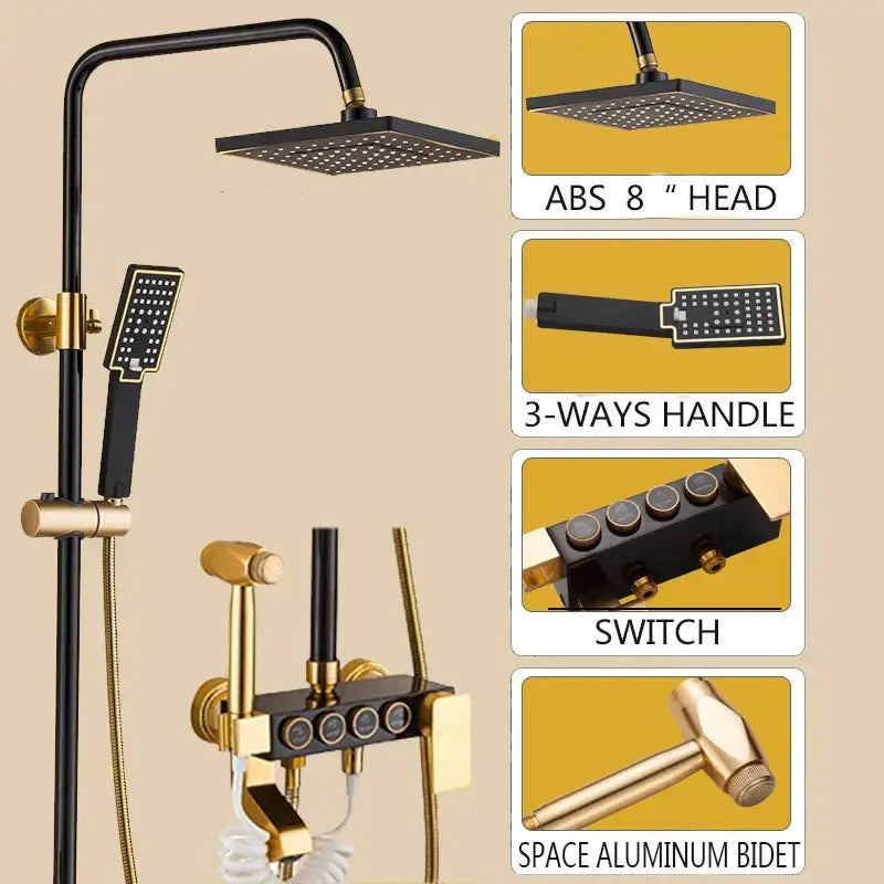 Modern black and gold shower faucet set with square rainhead handheld sprayer three-way handle and bidet nozzle