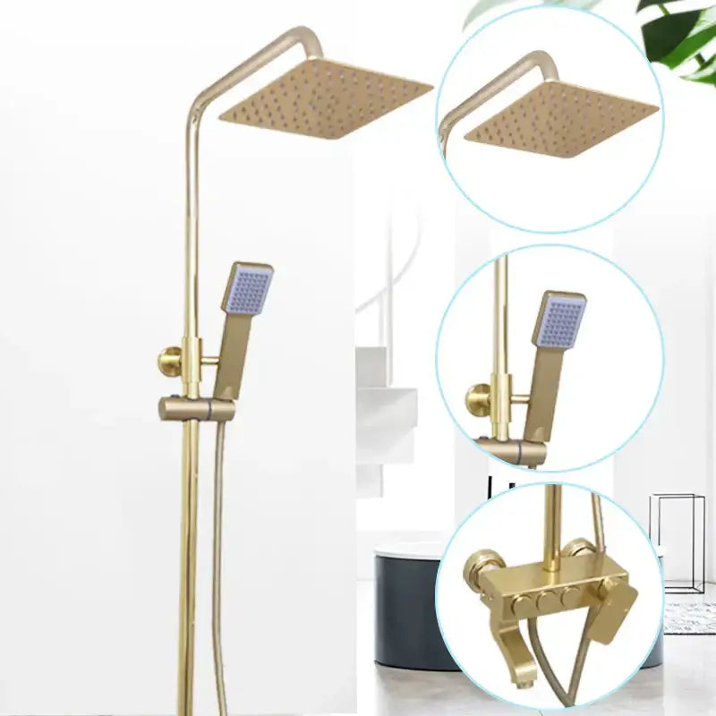 Modern black and gold shower faucet set with gold-finished square showerhead handheld unit and wall-mounted control valve