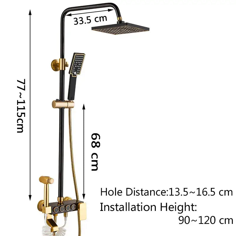 Modern black and gold brass shower faucet set with square rainhead and handheld spray for bathroom rainfall system