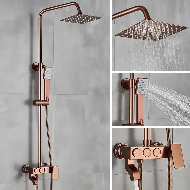 Rose gold finish shower faucet set with square rainhead, handheld spray nozzle, and three-knob wall control panel