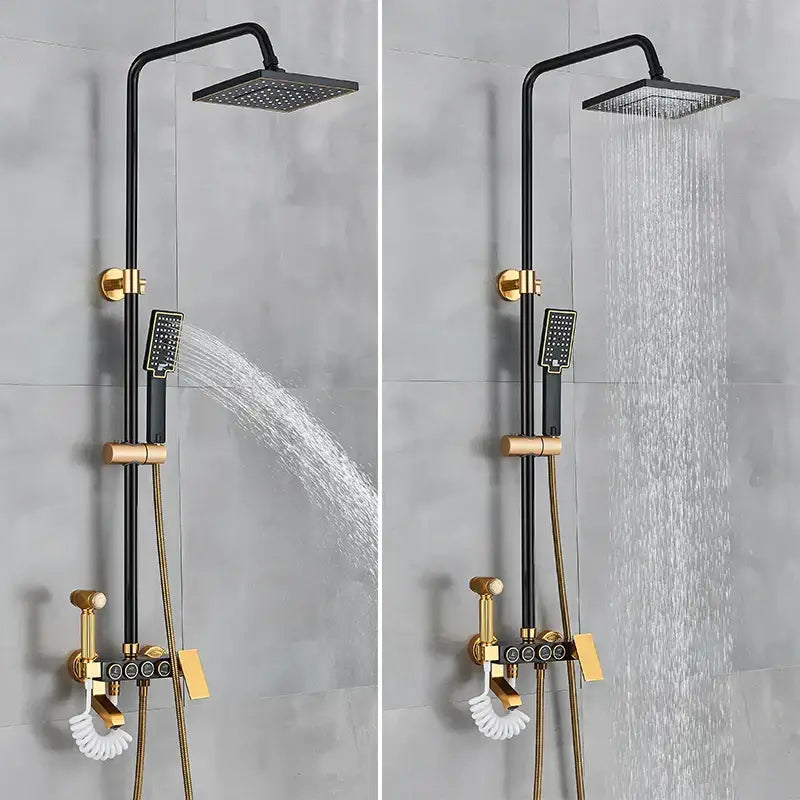 Modern black and gold shower faucet set featuring a square rainhead, handheld spray, and chrome-finished controls