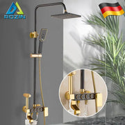 Modern black and gold shower faucet set with square rainhead handheld spray and wall-mounted controls for bathroom use