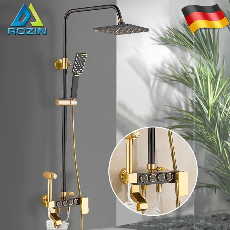 Modern black and gold shower faucet set with square rainhead handheld spray and wall-mounted controls for bathroom use