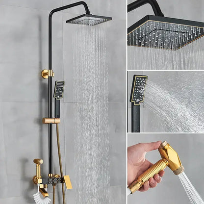Modern black and gold shower faucet set with square rainhead handheld spray and adjustable hose for bathroom rainfall system