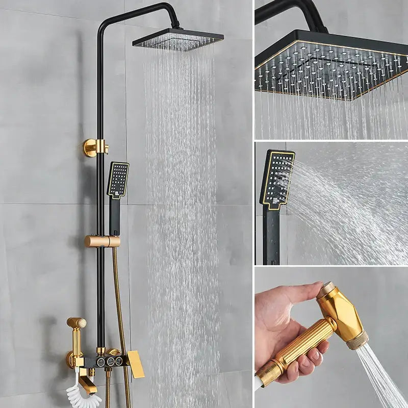 Modern black and gold shower faucet set with square rainhead handheld spray and adjustable hose for bathroom rainfall system