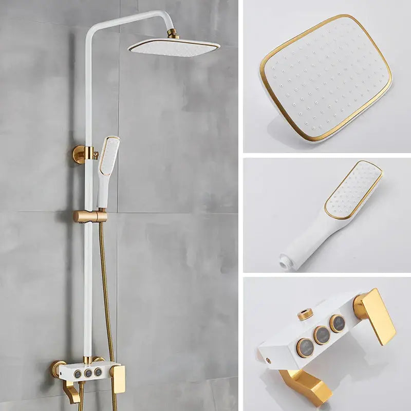 Modern white and gold shower faucet set with square rainhead handheld spray and wall-mounted control panel for bathroom use