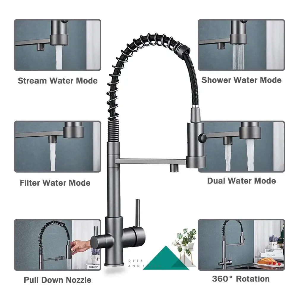 Modern matte black decorbites black water filter faucet with flexible gooseneck spout and pull-down nozzle for drinking water filter