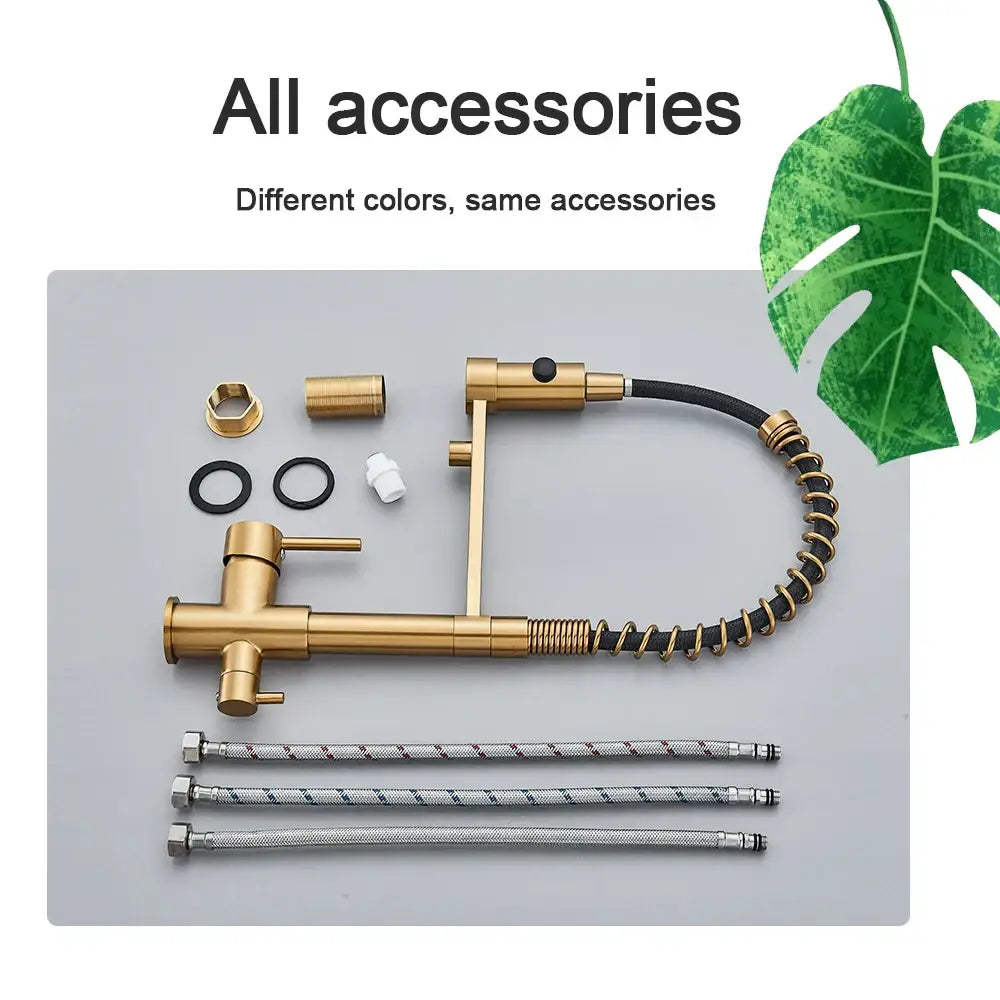 Gold-colored water filter faucet with flexible coiled hose and brass finish hardware for decorbites black drinking water filter