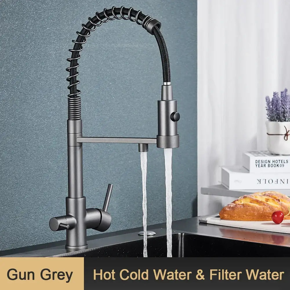 Gun grey decorbites black water filter faucet with flexible coiled hose and pull-down spray head for drinking water filter use