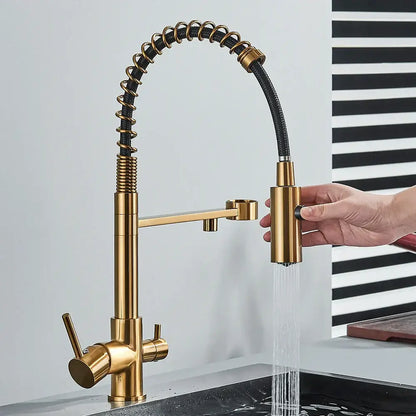 Gold-colored water filter faucet with flexible coiled hose and black braided tubing for decorbites black drinking water filter