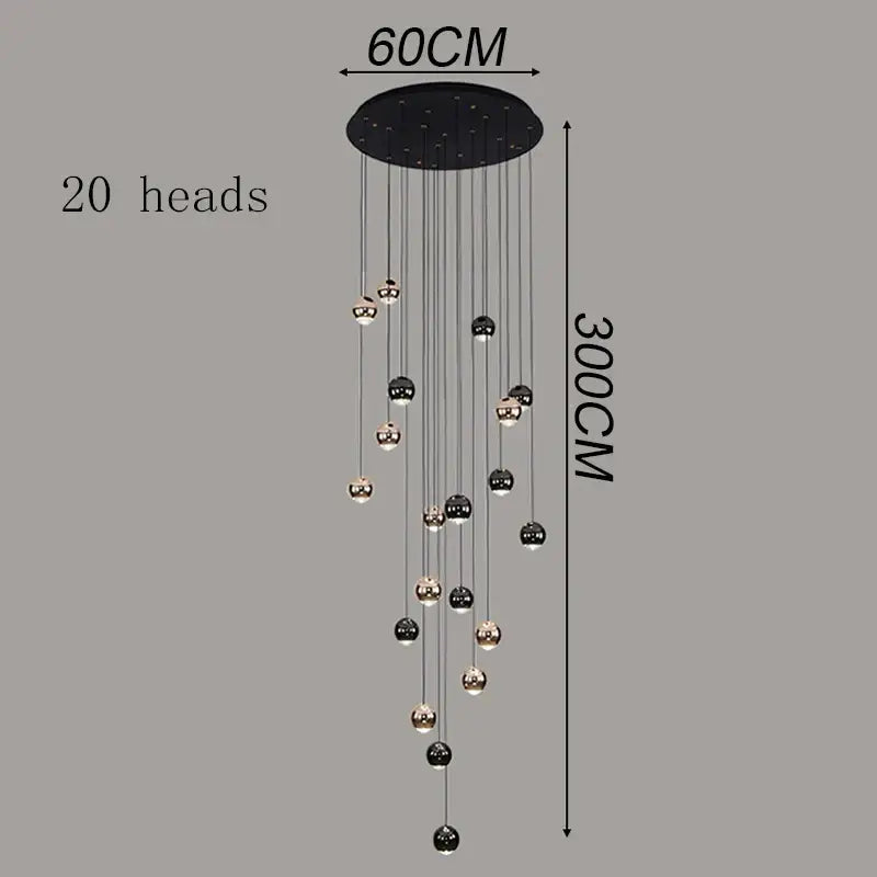 Modern black and gold spherical pendant light with 20 hanging lights made of ironware alloy for staircase use
