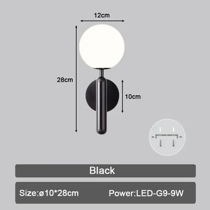 Modern black spherical led wall sconce with matte finish and minimalist design for bedroom glass globe lighting