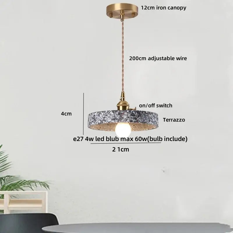 Modern black and gold terrazzo stone pendant lamp with brass iron canopy and e27 led bulb for kitchen use decorbites black terrazzo