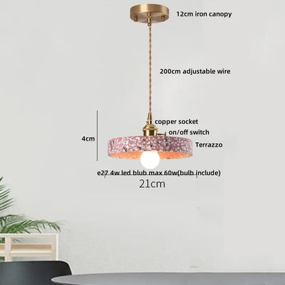 Modern black and gold terrazzo pendant lamp with brass iron canopy copper wire and pink white decorbites black terrazzo ring