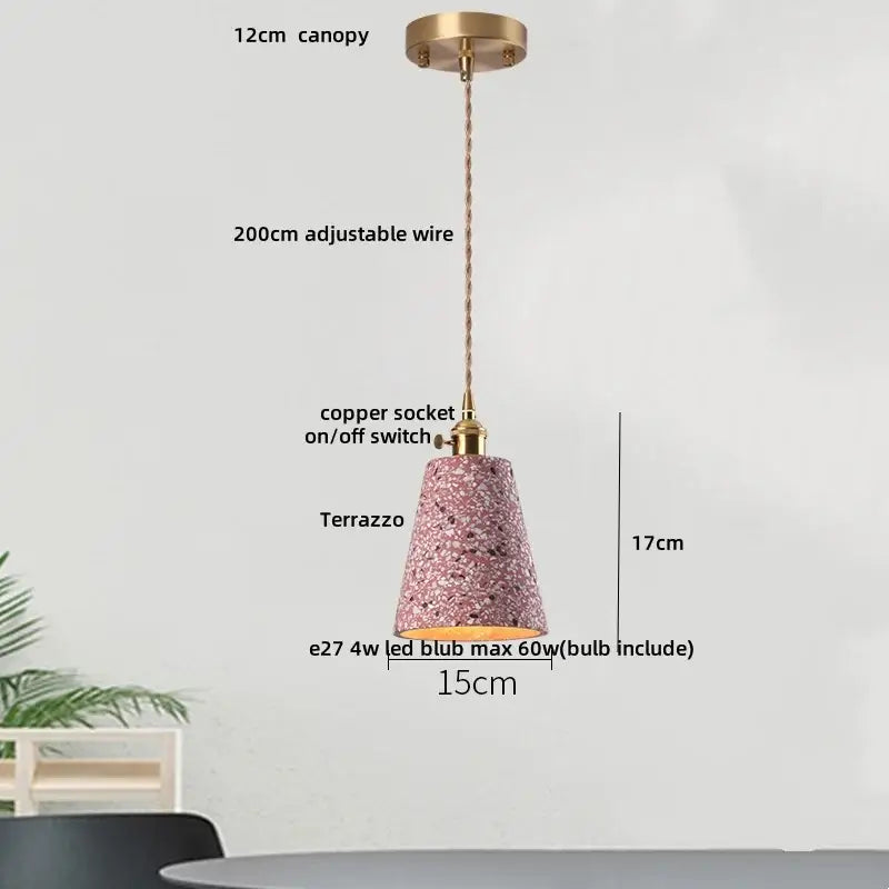 Modern black and gold terrazzo stone pendant lamp with pink terrazzo shade brass canopy and adjustable wire decorbites black terrazzo