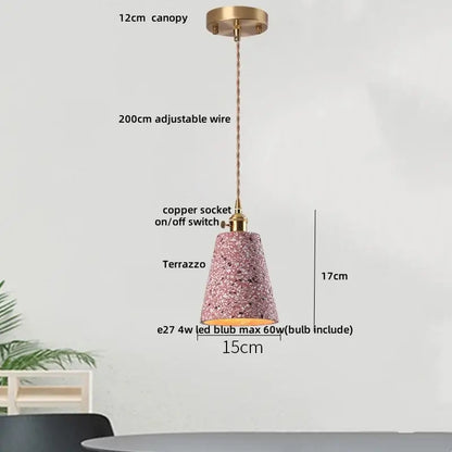 Modern black and gold terrazzo stone pendant lamp with pink terrazzo shade brass canopy and adjustable wire decorbites black terrazzo
