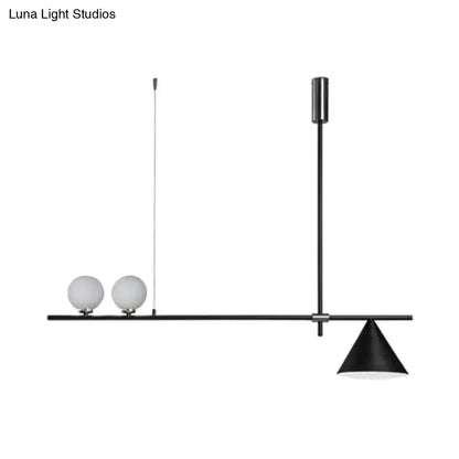 Decorbites contemporary black gold metal linear chandelier with three lights featuring frosted glass globes and conical shade for islands compatible with 110-120v and 220-240v