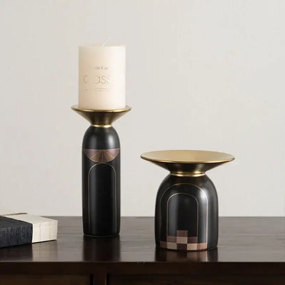 Modern black and gold tray vase candlestick set with black ceramic holders gold accents and geometric copper inlays decorbites golden tray