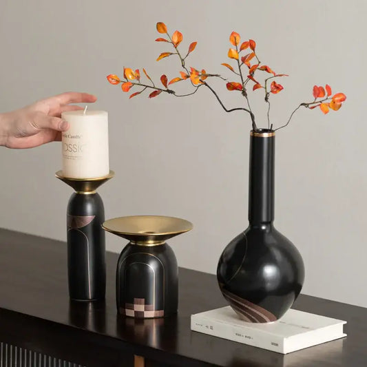 Modern black ceramic vase with gold-toned accents for decorbites golden tray living room decor set